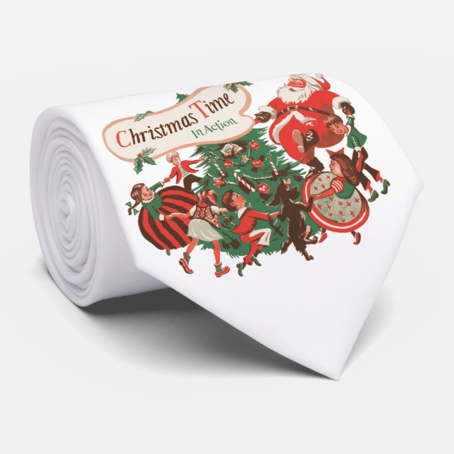 Gravata Papai Noel de Natal Vintage e Crianças Dançando (Rolled)