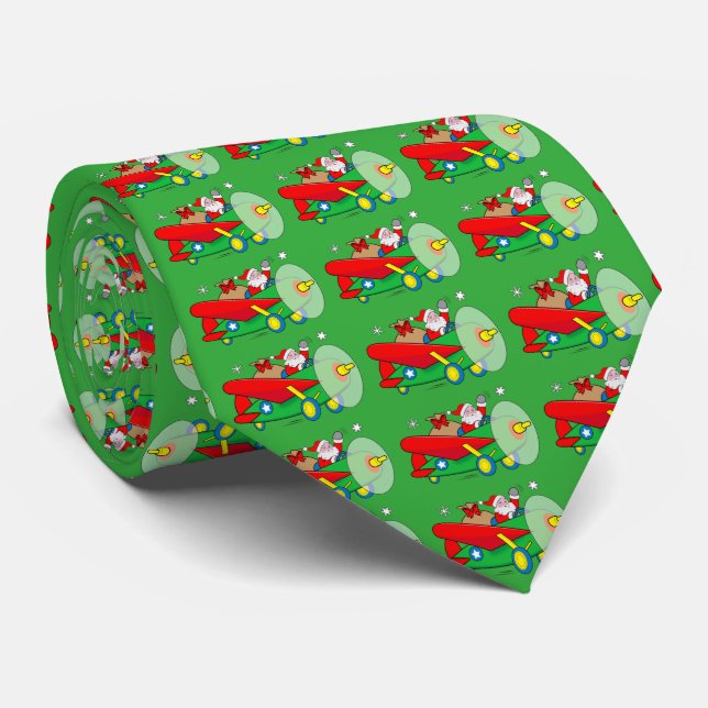Gravata Papai noel que voa o avião com presentes (Rolled)