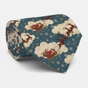 Gravata Papai Noel Vintage Voando Rena Céu Nevado Natal