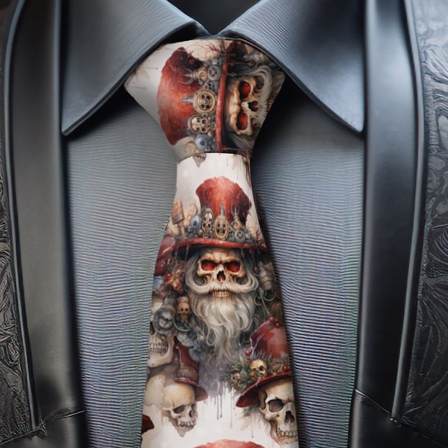 Gravata Papais noeis Gótica Steampunk Red Top Hat do Crâni (Get your steampunk on with this festive Steampunk Santa Tie. Show your Gothic Style at Christmas.)