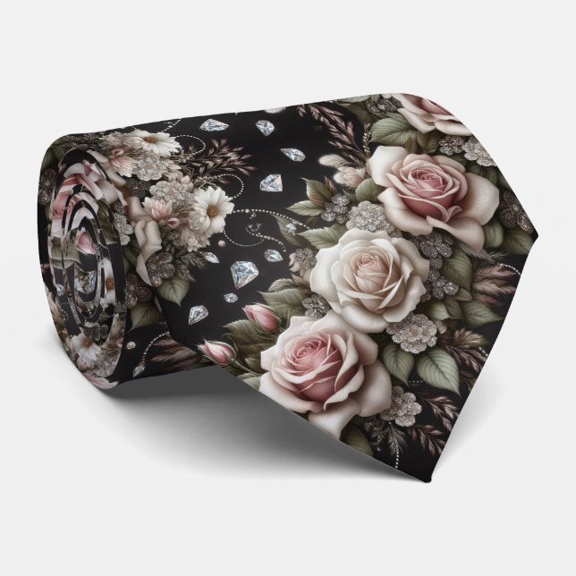 Gravata para Homem | Rosas Cor-de-Rosa e Diamantes (Rolled)
