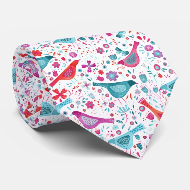 Gravata Pássaros em um Jardim Moderno Boho Watercolor (Rolled)