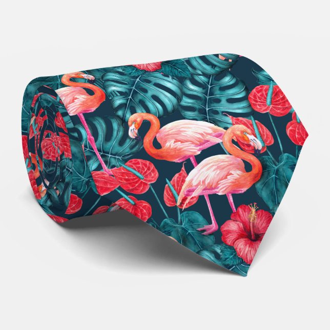 Gravata Pássaros Flamingo e aquarela de jardim tropical (Rolled)