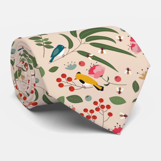 Gravata Pássaros Florais Desenhados À Mão Padrão Botânico (Rolled)