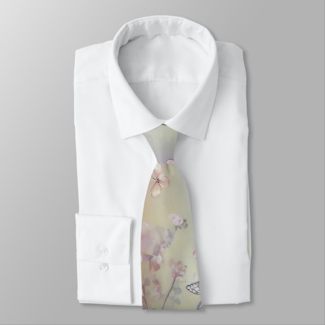 Gravata Pastel pink floral and butterfly pattern (Amarrado)