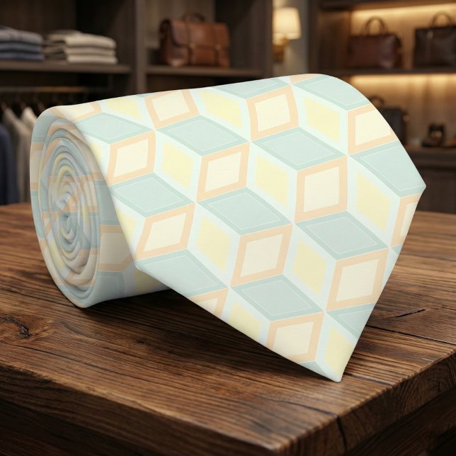 Gravata Pastilha Geométrica Moderno Verde-Menta Pêssego 3D (Criador carregado)