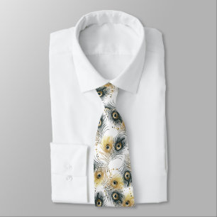 Gravata  Peacock Feather Black White Dourada Mens Negra