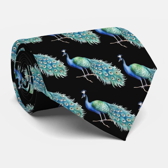 Gravata Peacock on Black Background Neck Tie (Rolled)