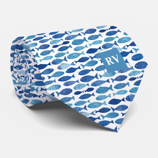 Gravata Peixes Escolares Monogramados Azul Náutico (Rolled)