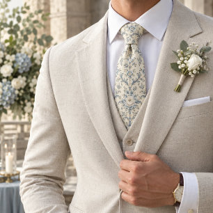 Gravata Peônia Azul Marfim Toile Floral Damasco