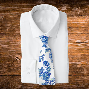 Gravata Peônia Rosa em Chinoiserie Azul e Branco