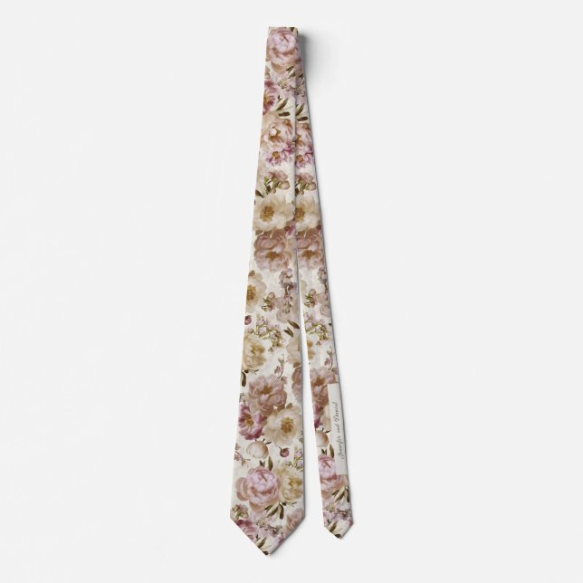 Gravata Peony Weding Pink e Ivory Keepsname + Date (Frente)