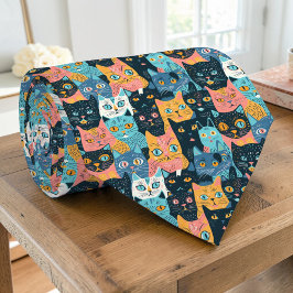 Gravata Personalizada com Gráfico de Gato Retro