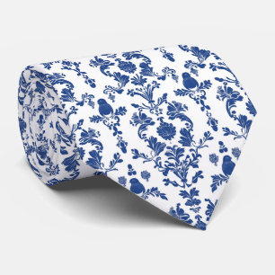 Gravata Personalize o Marinho Blue Damask Floral em Branco