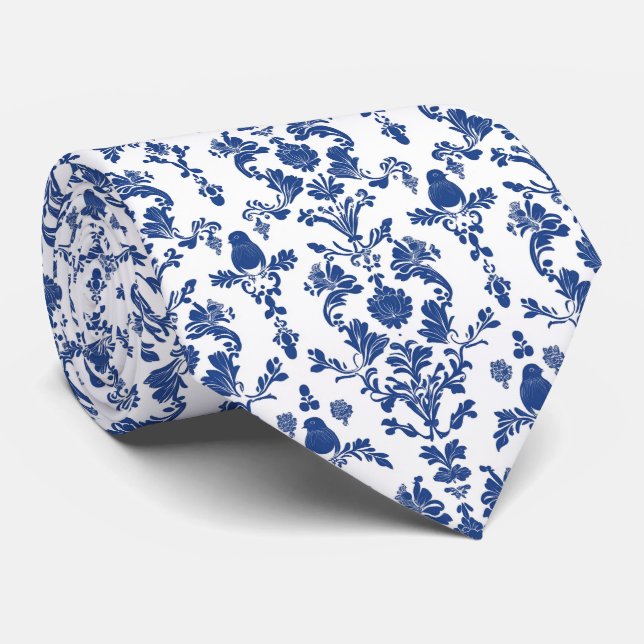 Gravata Personalize o Marinho Blue Damask Floral em Branco (Rolled)