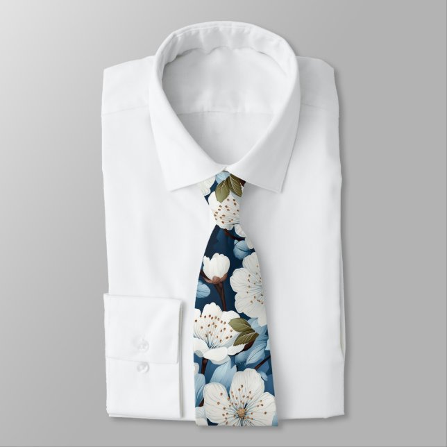 Gravata Pescoço de Casamento do Flor Branco Azul Elegante (Amarrado)