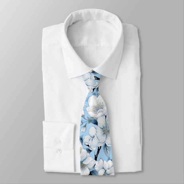 Gravata Pescoço de Casamento do Flor Branco Azul Elegante (Amarrado)