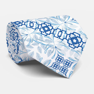 Gravata Pescoço FLORAL Geométrico Azul e Branco T