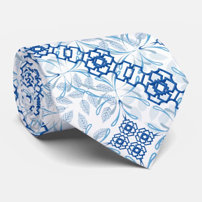 Gravata Pescoço FLORAL Geométrico Azul e Branco T (Rolled)