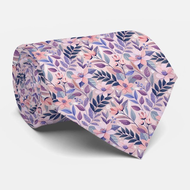Gravata Pêssego Rosa Azul Flores Padrão Floral (Rolled)