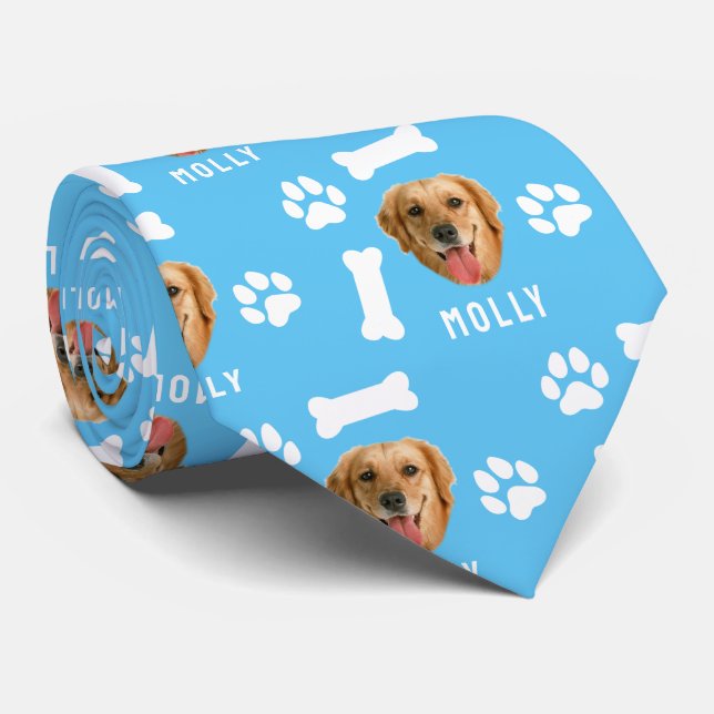Gravata Pet de Cão Personalizado Foto e Nome Azul (Rolled)