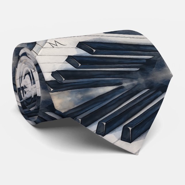 Gravata Piano Keys Watercolor in Midnight Blue and Silver (Rolled)