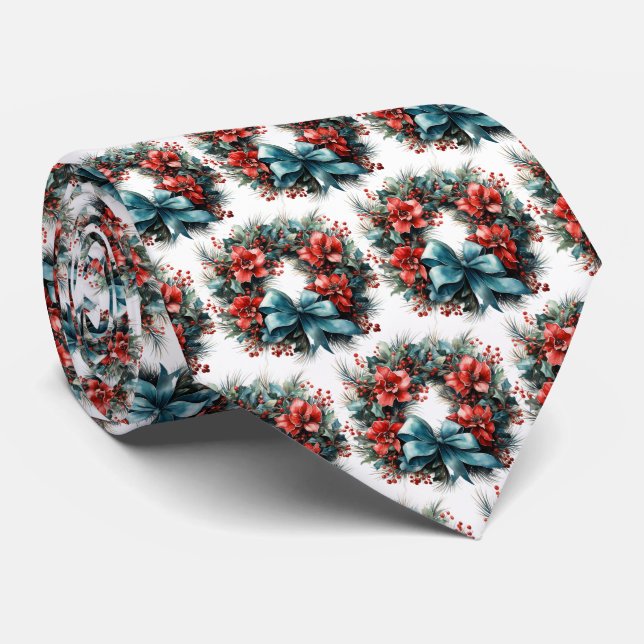 Gravata Pine Wreath com Holly Festivo Padrão de Natal (Rolled)