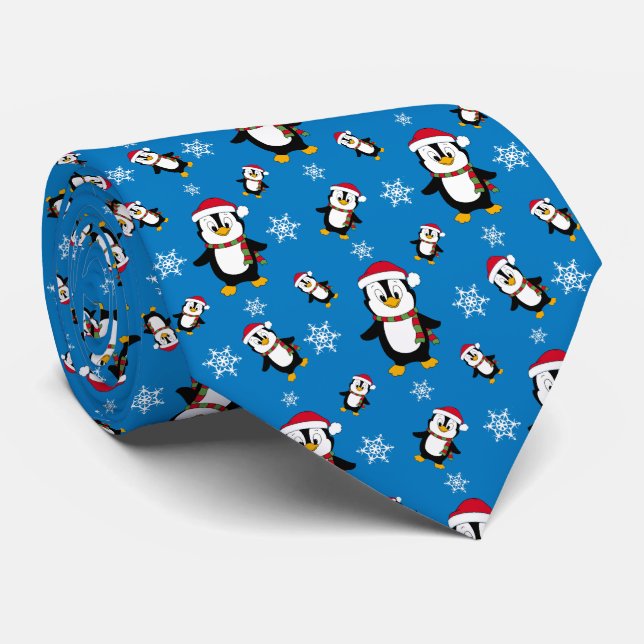 Gravata Pinguim de Inverno de Natal em Fundo Azul Personal (Rolled)