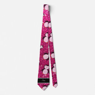 Gravata Pinguins com brilho rosa-quente neon de nome perso