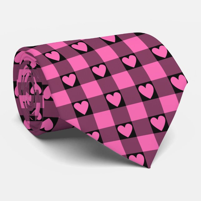 Gravata Pink Black Buffalo Heart Plaid Neck Tie (Rolled)
