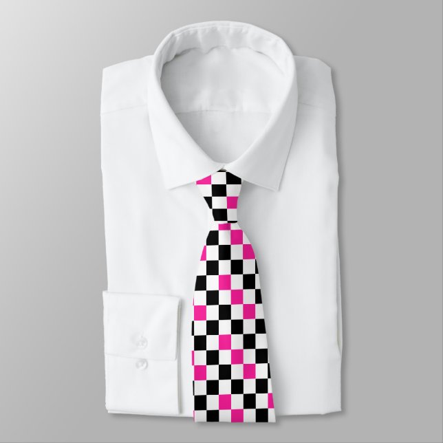 Gravata Pink Black White Checkered Pattern Design  (Amarrado)