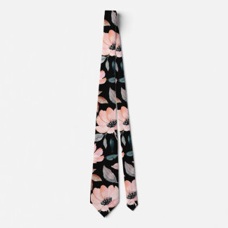 Gravata Pink on Black Greenery Watercolor Padrão Floral