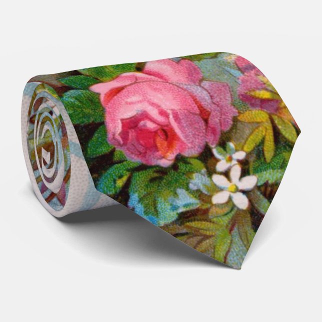 GRAVATA PINK ROSES, JASMINAS BRANCAS, FOLHAS VERDES FLORES (Rolled)