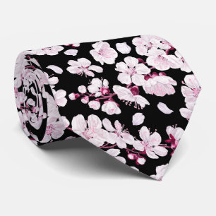 Gravata Pink Sakura Floral Cherry Pattern Moderno Negro