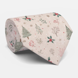 Gravata Pink Winter - Folhas de Holly, Pinheiro, Flocos de