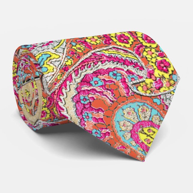 Gravata Pink Yellow Aqua Vintage Paisley Wedding Tie (Rolled)