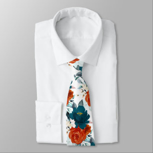 Gravata PixDezine H2 Flores Azul Teal e Laranja Ferrugem