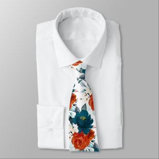Gravata PixDezine H2 Flores Azul Teal e Laranja Ferrugem