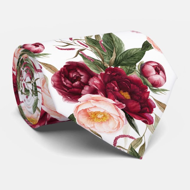 Gravata PixDezine H2 Flores Peônias Bege Borgonha (Rolled)
