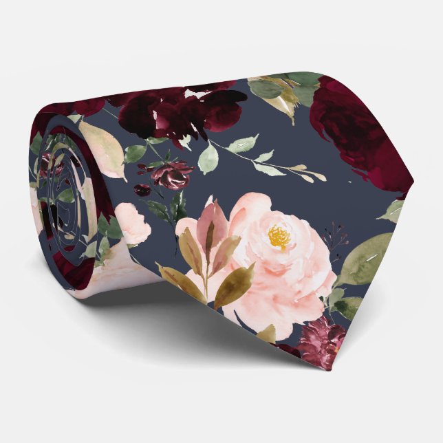Gravata PixDezine H2 Flores Rosas Bege Escuro Azul Marinho (Rolled)