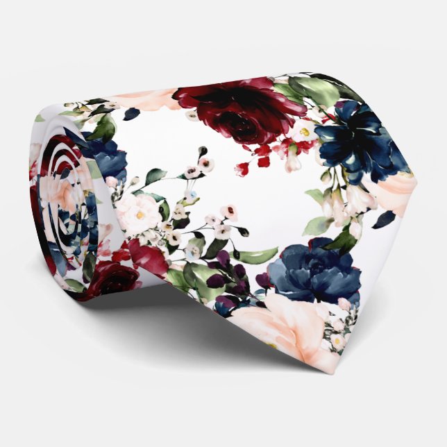 Gravata PixDezines Bege Borgonha Azul-Marinho Flores Aquar (Rolled)