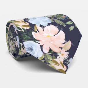 Gravata PixDezines Bege Rosa Azul Gelo Flores Aquarela