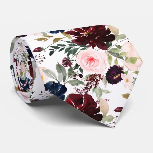 Gravata PixDezines Blush Burgundy Navy H2 Botânico (Rolled)