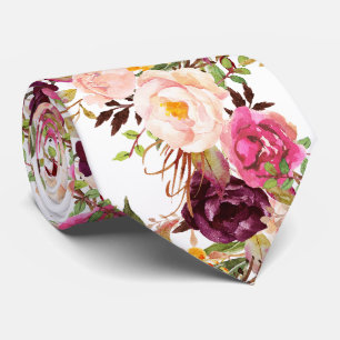 Gravata PixDezines Boho Rosa Bege Burgundy Flores Aquarela