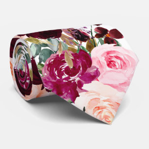 Gravata PixDezines Boho Rosa Bege Burgundy Flores Aquarela
