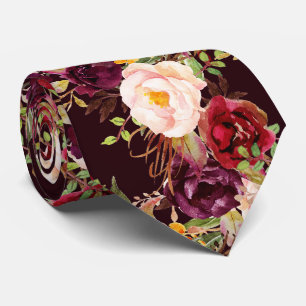 Gravata PixDezines Boho Rosa Borgonha Flores Aquarela