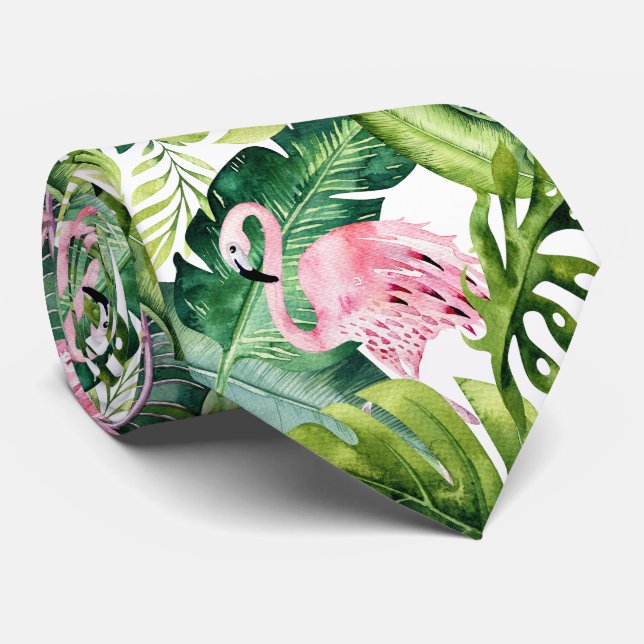 Gravata PixDezines Flamingo Rosa + Folhagem Tropic (Rolled)