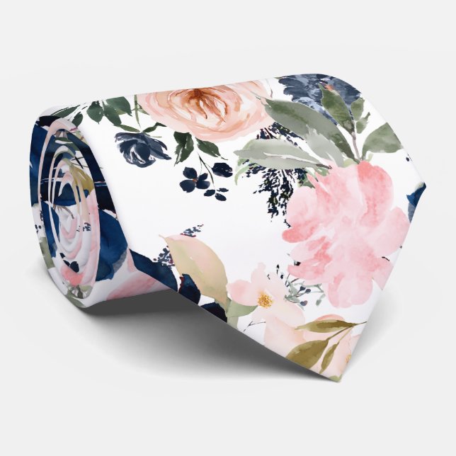 Gravata PixDezines Flores Aquarela Azul Marinho Rosa (Rolled)