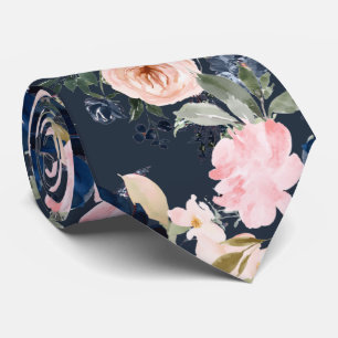 Gravata PixDezines Flores Aquarela Azul Marinho Rosa Pesco