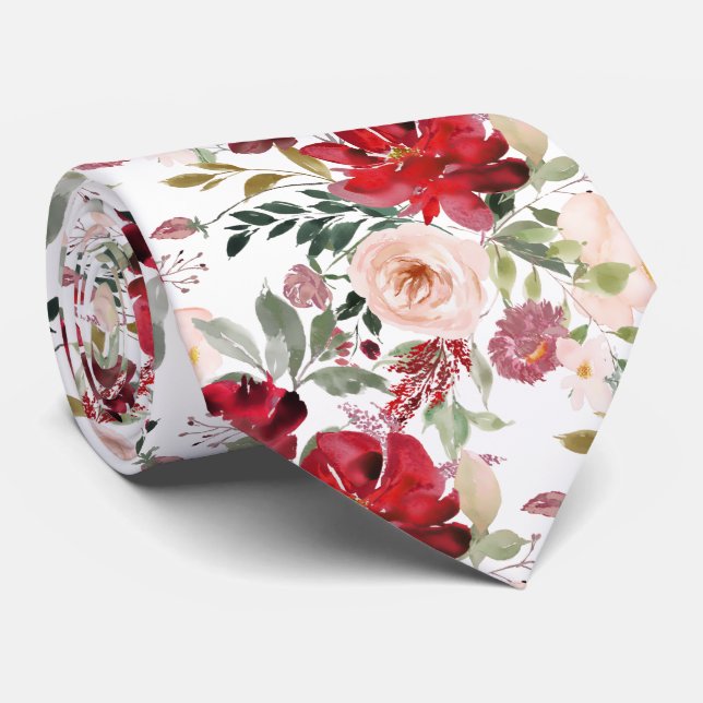 Gravata PixDezines Flores de Aquarela Vermelho Rosado DIY  (Rolled)